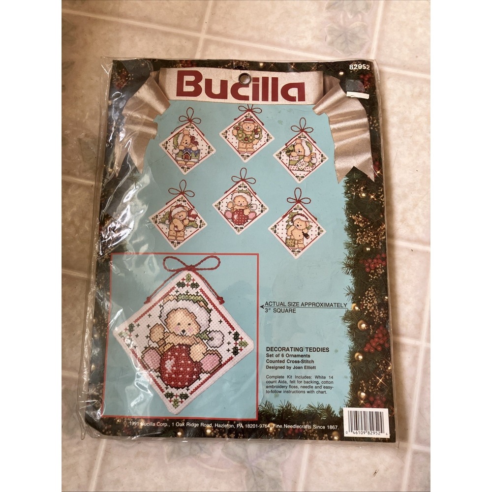 BUCILLA Christmas Counted Cross Tree Ornament Kit, DECORATING TEDDIES # 82952